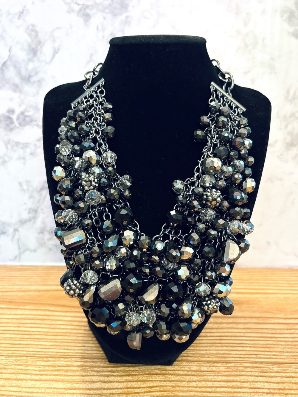 Paparazzi Bold Chunky Collar Statement Necklace Black Silver Beaded Rhinestone